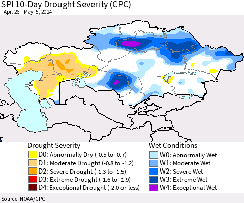 Kazakhstan SPI 10-Day Drought Severity (CPC) Thematic Map For 4/26/2024 - 5/5/2024