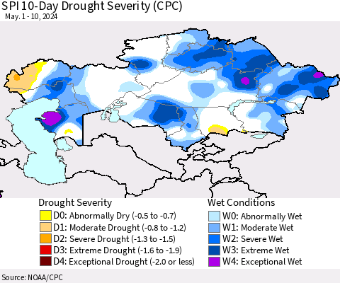Kazakhstan SPI 10-Day Drought Severity (CPC) Thematic Map For 5/1/2024 - 5/10/2024