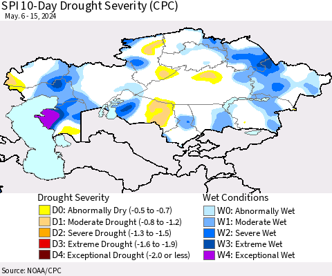 Kazakhstan SPI 10-Day Drought Severity (CPC) Thematic Map For 5/6/2024 - 5/15/2024