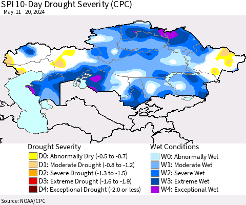 Kazakhstan SPI 10-Day Drought Severity (CPC) Thematic Map For 5/11/2024 - 5/20/2024