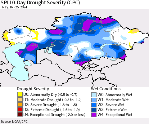 Kazakhstan SPI 10-Day Drought Severity (CPC) Thematic Map For 5/16/2024 - 5/25/2024