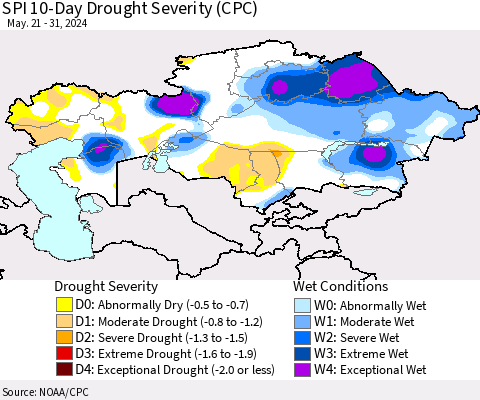 Kazakhstan SPI 10-Day Drought Severity (CPC) Thematic Map For 5/21/2024 - 5/31/2024