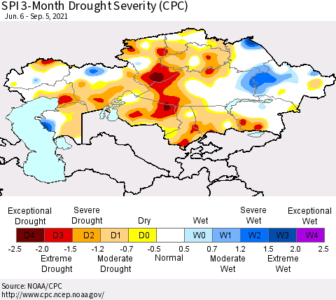 Kazakhstan SPI 3-Month Drought Severity (CPC) Thematic Map For 6/6/2021 - 9/5/2021