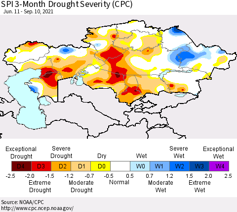 Kazakhstan SPI 3-Month Drought Severity (CPC) Thematic Map For 6/11/2021 - 9/10/2021