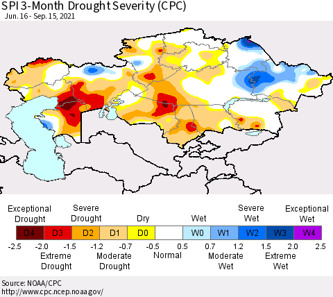 Kazakhstan SPI 3-Month Drought Severity (CPC) Thematic Map For 6/16/2021 - 9/15/2021