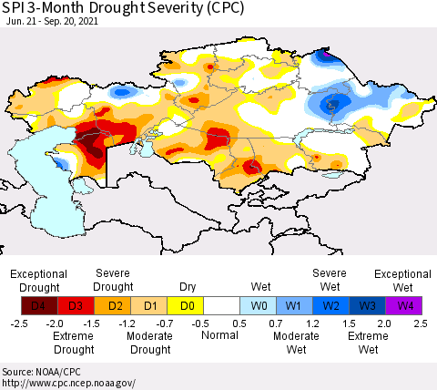 Kazakhstan SPI 3-Month Drought Severity (CPC) Thematic Map For 6/21/2021 - 9/20/2021