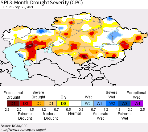 Kazakhstan SPI 3-Month Drought Severity (CPC) Thematic Map For 6/26/2021 - 9/25/2021