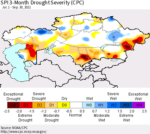 Kazakhstan SPI 3-Month Drought Severity (CPC) Thematic Map For 7/1/2021 - 9/30/2021