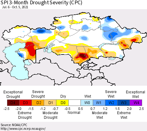 Kazakhstan SPI 3-Month Drought Severity (CPC) Thematic Map For 7/6/2021 - 10/5/2021