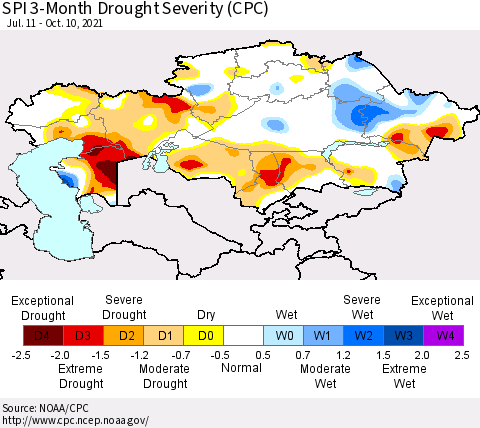 Kazakhstan SPI 3-Month Drought Severity (CPC) Thematic Map For 7/11/2021 - 10/10/2021