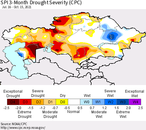 Kazakhstan SPI 3-Month Drought Severity (CPC) Thematic Map For 7/16/2021 - 10/15/2021