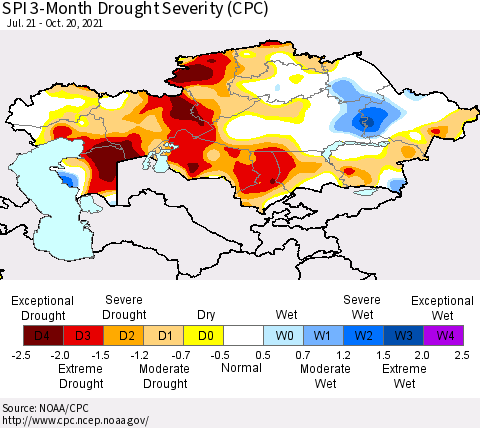 Kazakhstan SPI 3-Month Drought Severity (CPC) Thematic Map For 7/21/2021 - 10/20/2021