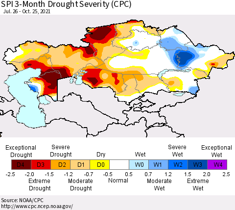 Kazakhstan SPI 3-Month Drought Severity (CPC) Thematic Map For 7/26/2021 - 10/25/2021