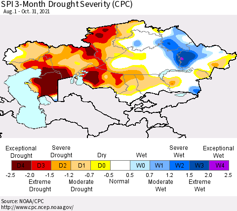 Kazakhstan SPI 3-Month Drought Severity (CPC) Thematic Map For 8/1/2021 - 10/31/2021