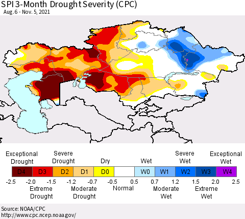 Kazakhstan SPI 3-Month Drought Severity (CPC) Thematic Map For 8/6/2021 - 11/5/2021