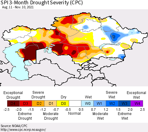 Kazakhstan SPI 3-Month Drought Severity (CPC) Thematic Map For 8/11/2021 - 11/10/2021