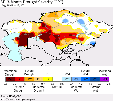 Kazakhstan SPI 3-Month Drought Severity (CPC) Thematic Map For 8/16/2021 - 11/15/2021