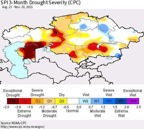 Kazakhstan SPI 3-Month Drought Severity (CPC) Thematic Map For 8/21/2021 - 11/20/2021