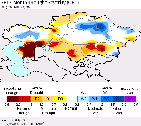 Kazakhstan SPI 3-Month Drought Severity (CPC) Thematic Map For 8/26/2021 - 11/25/2021