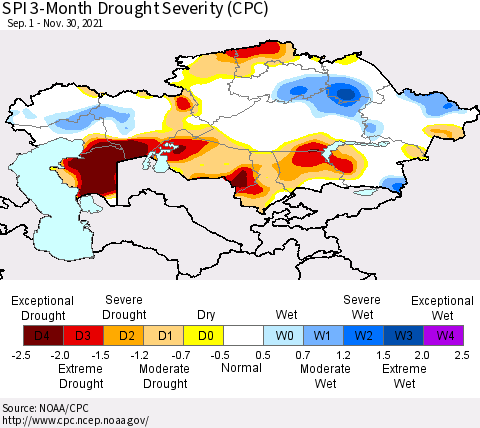 Kazakhstan SPI 3-Month Drought Severity (CPC) Thematic Map For 9/1/2021 - 11/30/2021