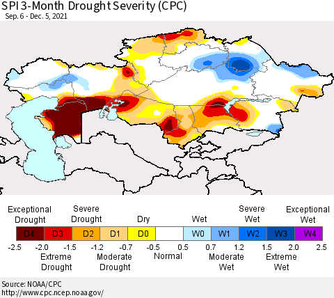 Kazakhstan SPI 3-Month Drought Severity (CPC) Thematic Map For 9/6/2021 - 12/5/2021