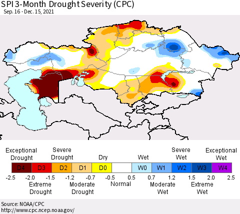 Kazakhstan SPI 3-Month Drought Severity (CPC) Thematic Map For 9/16/2021 - 12/15/2021