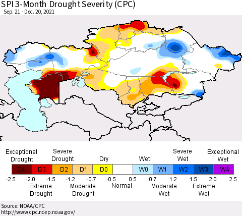 Kazakhstan SPI 3-Month Drought Severity (CPC) Thematic Map For 9/21/2021 - 12/20/2021