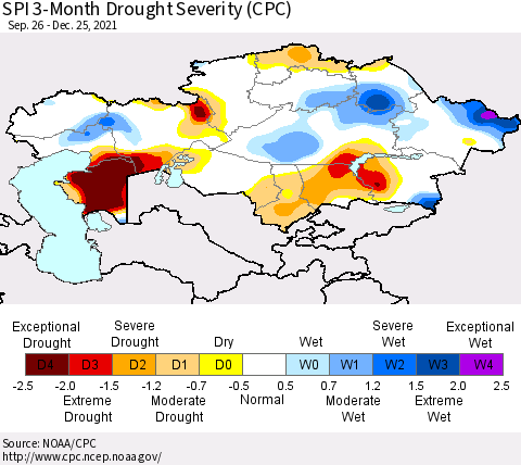 Kazakhstan SPI 3-Month Drought Severity (CPC) Thematic Map For 9/26/2021 - 12/25/2021