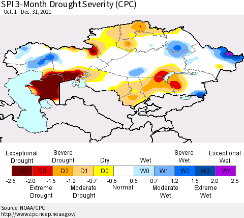 Kazakhstan SPI 3-Month Drought Severity (CPC) Thematic Map For 10/1/2021 - 12/31/2021