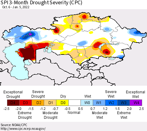 Kazakhstan SPI 3-Month Drought Severity (CPC) Thematic Map For 10/6/2021 - 1/5/2022