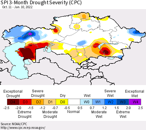Kazakhstan SPI 3-Month Drought Severity (CPC) Thematic Map For 10/11/2021 - 1/10/2022