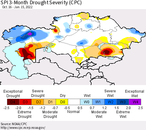 Kazakhstan SPI 3-Month Drought Severity (CPC) Thematic Map For 10/16/2021 - 1/15/2022