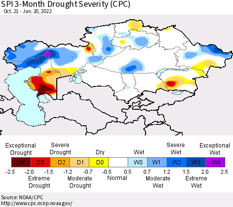 Kazakhstan SPI 3-Month Drought Severity (CPC) Thematic Map For 10/21/2021 - 1/20/2022
