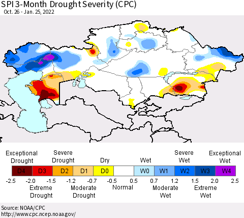 Kazakhstan SPI 3-Month Drought Severity (CPC) Thematic Map For 10/26/2021 - 1/25/2022