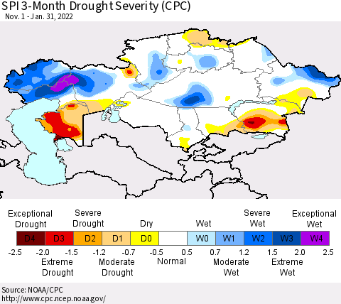 Kazakhstan SPI 3-Month Drought Severity (CPC) Thematic Map For 11/1/2021 - 1/31/2022