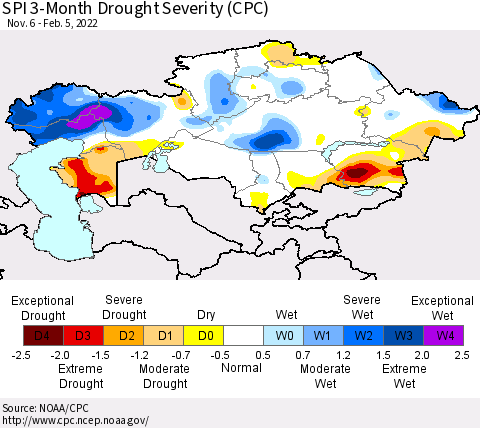 Kazakhstan SPI 3-Month Drought Severity (CPC) Thematic Map For 11/6/2021 - 2/5/2022