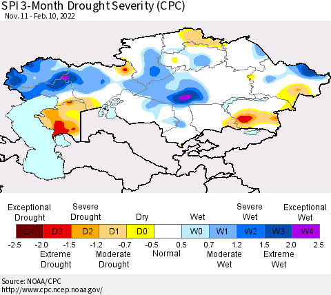 Kazakhstan SPI 3-Month Drought Severity (CPC) Thematic Map For 11/11/2021 - 2/10/2022