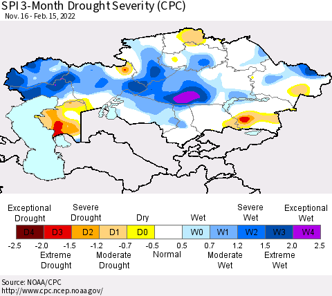 Kazakhstan SPI 3-Month Drought Severity (CPC) Thematic Map For 11/16/2021 - 2/15/2022