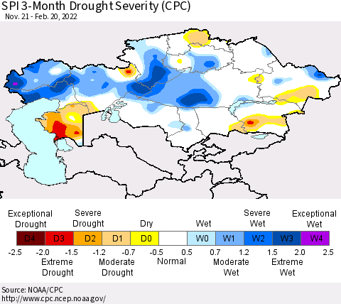 Kazakhstan SPI 3-Month Drought Severity (CPC) Thematic Map For 11/21/2021 - 2/20/2022