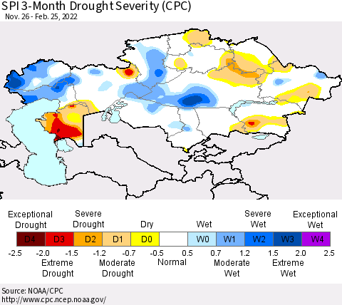 Kazakhstan SPI 3-Month Drought Severity (CPC) Thematic Map For 11/26/2021 - 2/25/2022