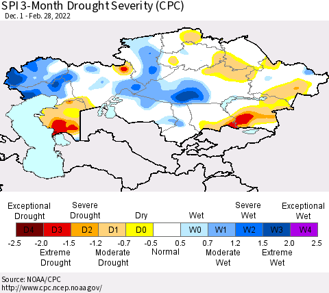 Kazakhstan SPI 3-Month Drought Severity (CPC) Thematic Map For 12/1/2021 - 2/28/2022