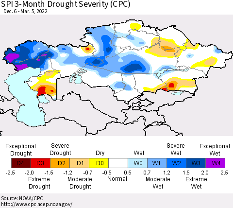 Kazakhstan SPI 3-Month Drought Severity (CPC) Thematic Map For 12/6/2021 - 3/5/2022