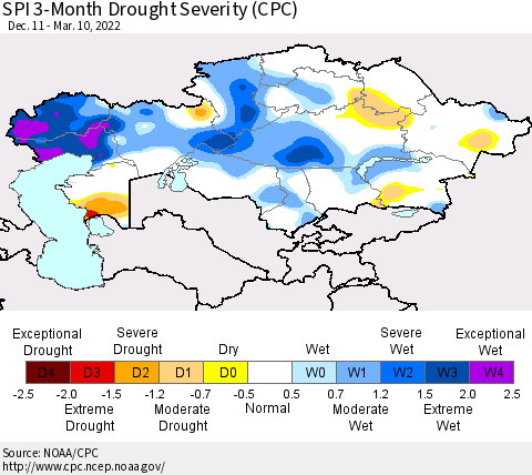 Kazakhstan SPI 3-Month Drought Severity (CPC) Thematic Map For 12/11/2021 - 3/10/2022
