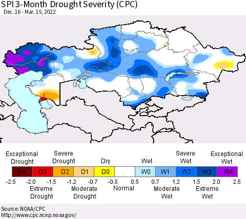 Kazakhstan SPI 3-Month Drought Severity (CPC) Thematic Map For 12/16/2021 - 3/15/2022