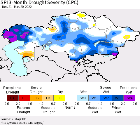 Kazakhstan SPI 3-Month Drought Severity (CPC) Thematic Map For 12/21/2021 - 3/20/2022