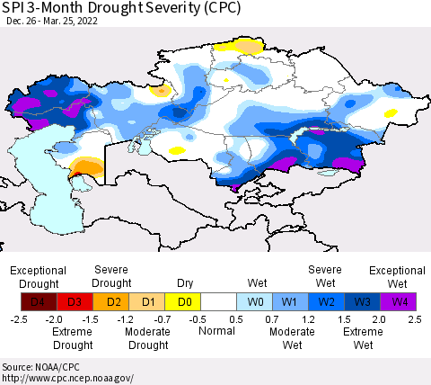 Kazakhstan SPI 3-Month Drought Severity (CPC) Thematic Map For 12/26/2021 - 3/25/2022
