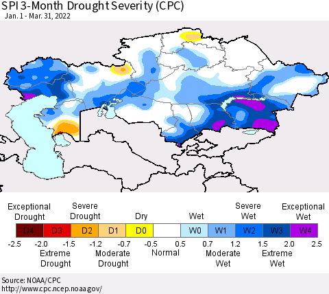 Kazakhstan SPI 3-Month Drought Severity (CPC) Thematic Map For 1/1/2022 - 3/31/2022