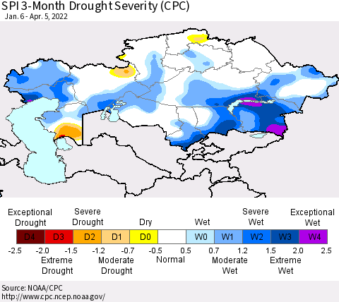Kazakhstan SPI 3-Month Drought Severity (CPC) Thematic Map For 1/6/2022 - 4/5/2022