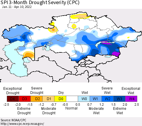 Kazakhstan SPI 3-Month Drought Severity (CPC) Thematic Map For 1/11/2022 - 4/10/2022