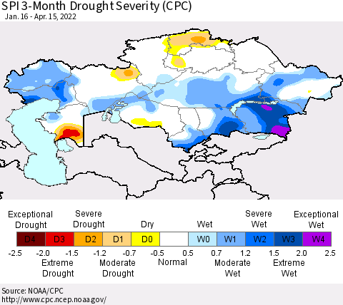 Kazakhstan SPI 3-Month Drought Severity (CPC) Thematic Map For 1/16/2022 - 4/15/2022